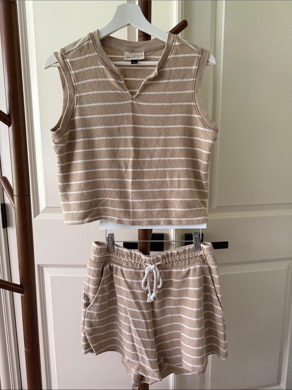 Universal Thread Beige & White Striped Knit Tank and Drawstring Shorts Set